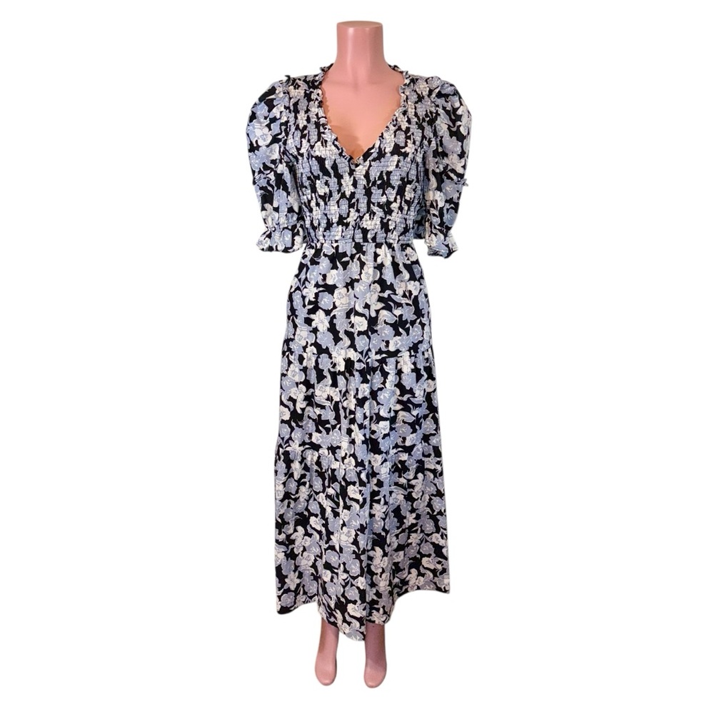Sofie The Label Floral Peasant Maxi Dress Puff Sleeve Tiered Ruffles Sz LG